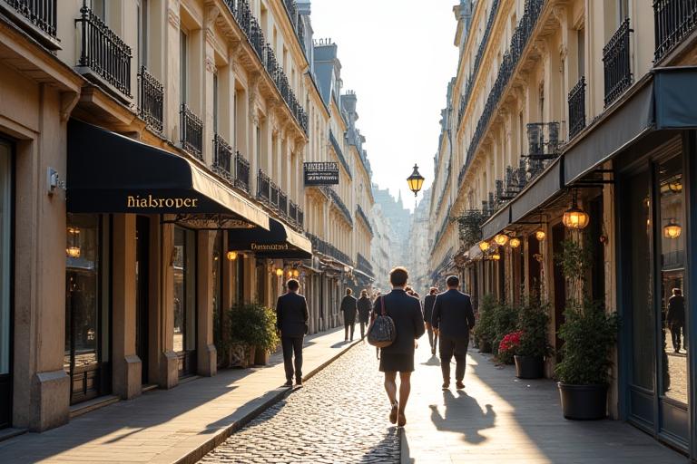 Vue de la Rue du Faubourg Saint-Honoré à Paris, avec des bâtiments élégants et une atmosphère parisienne typique.